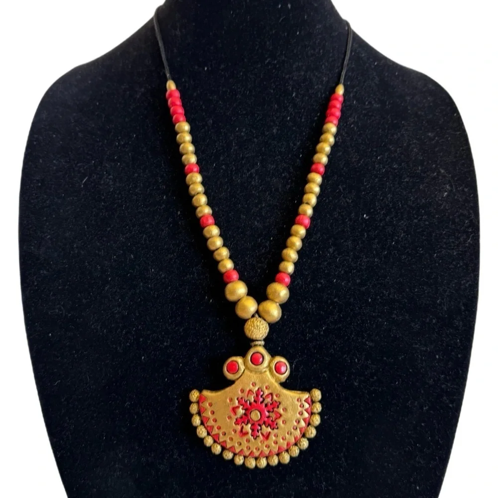 Terracotta Necklace Indian Bollywood Style Gold Red Temple Wedding Jewelry - Picture 2 of 16